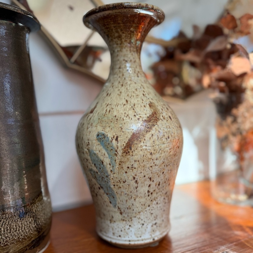 Vintage studio pottery Speckled Ceramic Vase in Cream and Brown signed CM